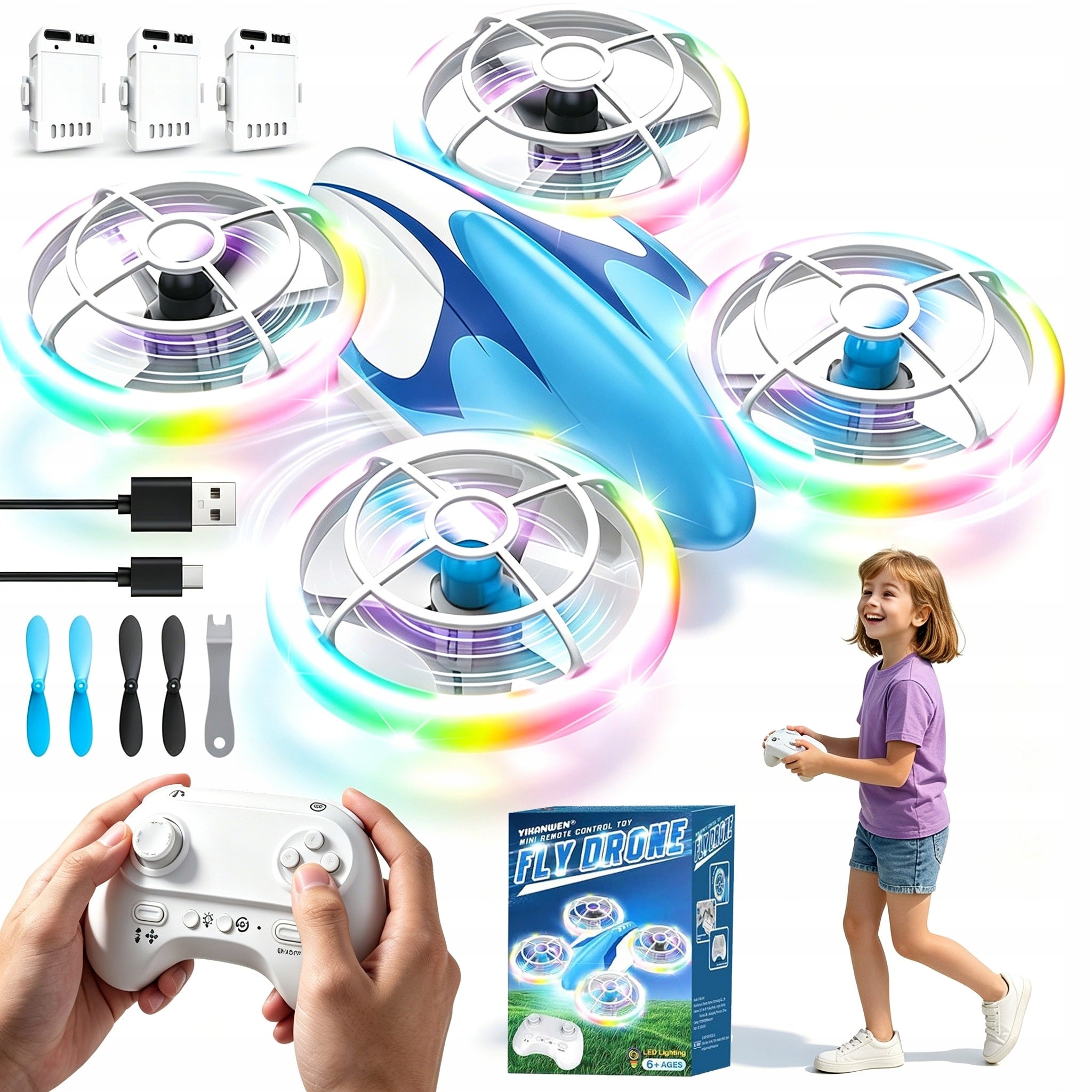 DRONE LED QUADCOPTER FOR CHILDREN PROTECTIVE SHIELD 360 FLIP 3 BATTERIES 30 MIN