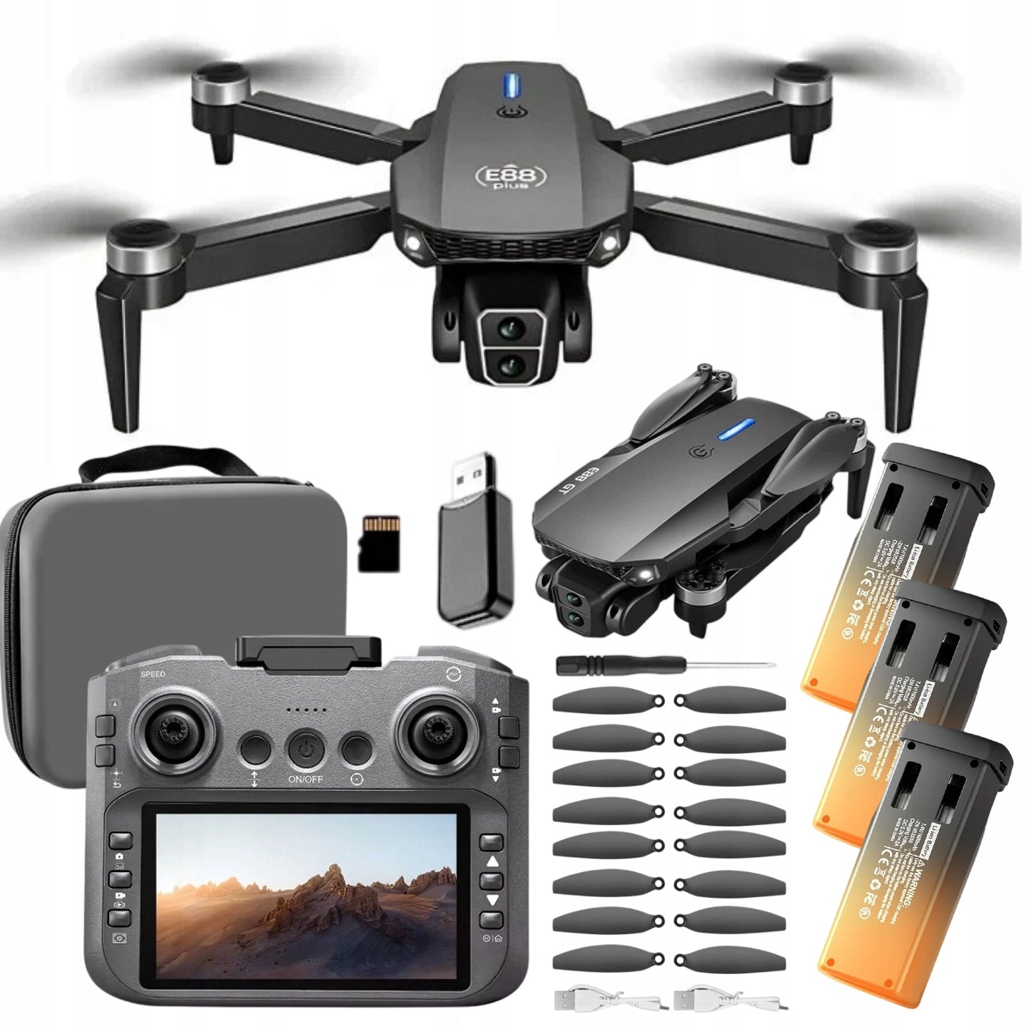 DRONE WINANQE E88 GT LCD DISPLAY 5' BRUSHLESS MOTORS 3xBATTERIES