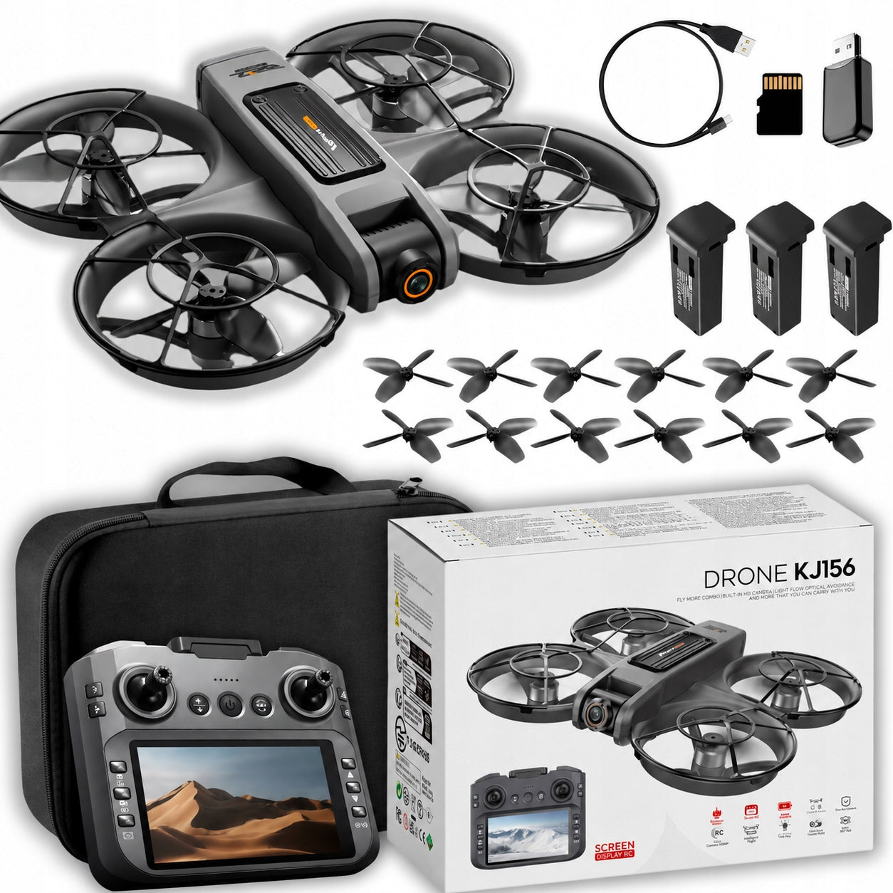 DRONE WITH HD CAMERA COVER 3 BATTERIES LCD SCREEN BRUSHLESS TOY
