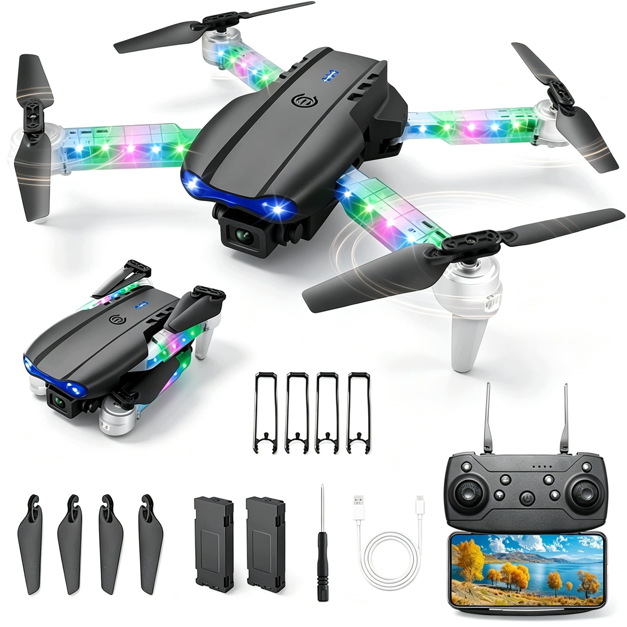 DRONE WITH LED CAMERA WIFI FPV FOLDABLE DUAL HD CAMERA 2X1800MAH BATTERY