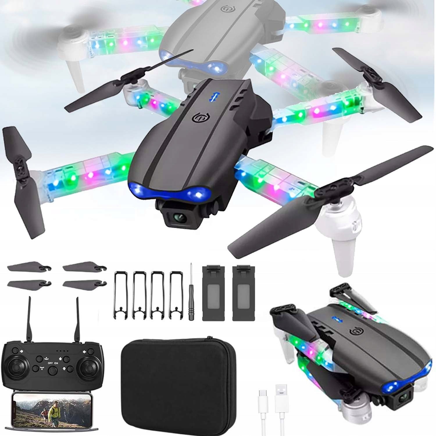 DRONE WITH TWO CAMERAS WIF LED SELFIE AUTOMATIC START HOVER 2 BATTERIES