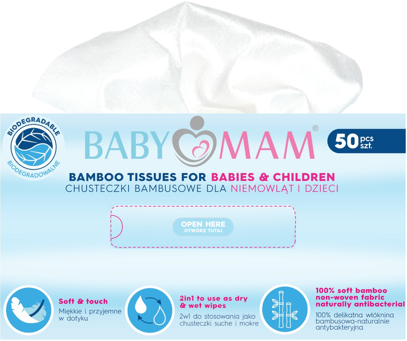 DRY BAMBOO WIPES FOR BABIES AND CHILDREN 50 pcs BABYMAM
