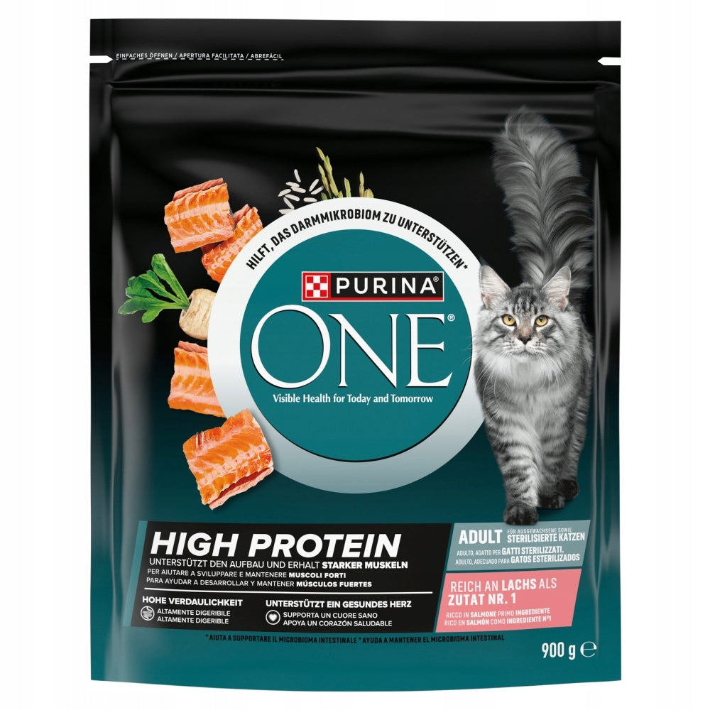 DRY CAT FOOD PURINA ONE HIGH PROTEIN - RICH IN SALMON, 900G