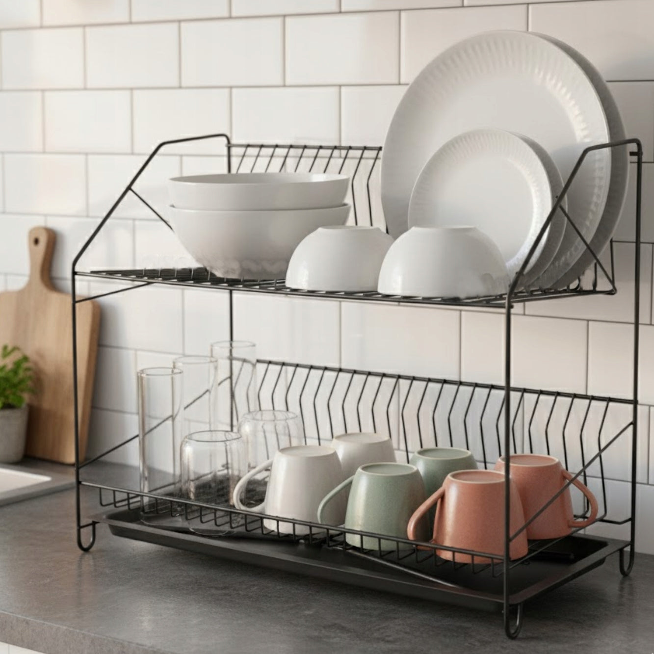 DRYER 50x40 CM TWO-LEVEL FOR DISHES WITH TRAY DRAINER BLACK SOLID Packaging status original