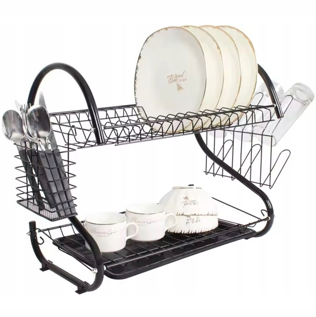 DRYER DISH DRAINER STANDING TWO-TIER LARGE TRAY BLACK