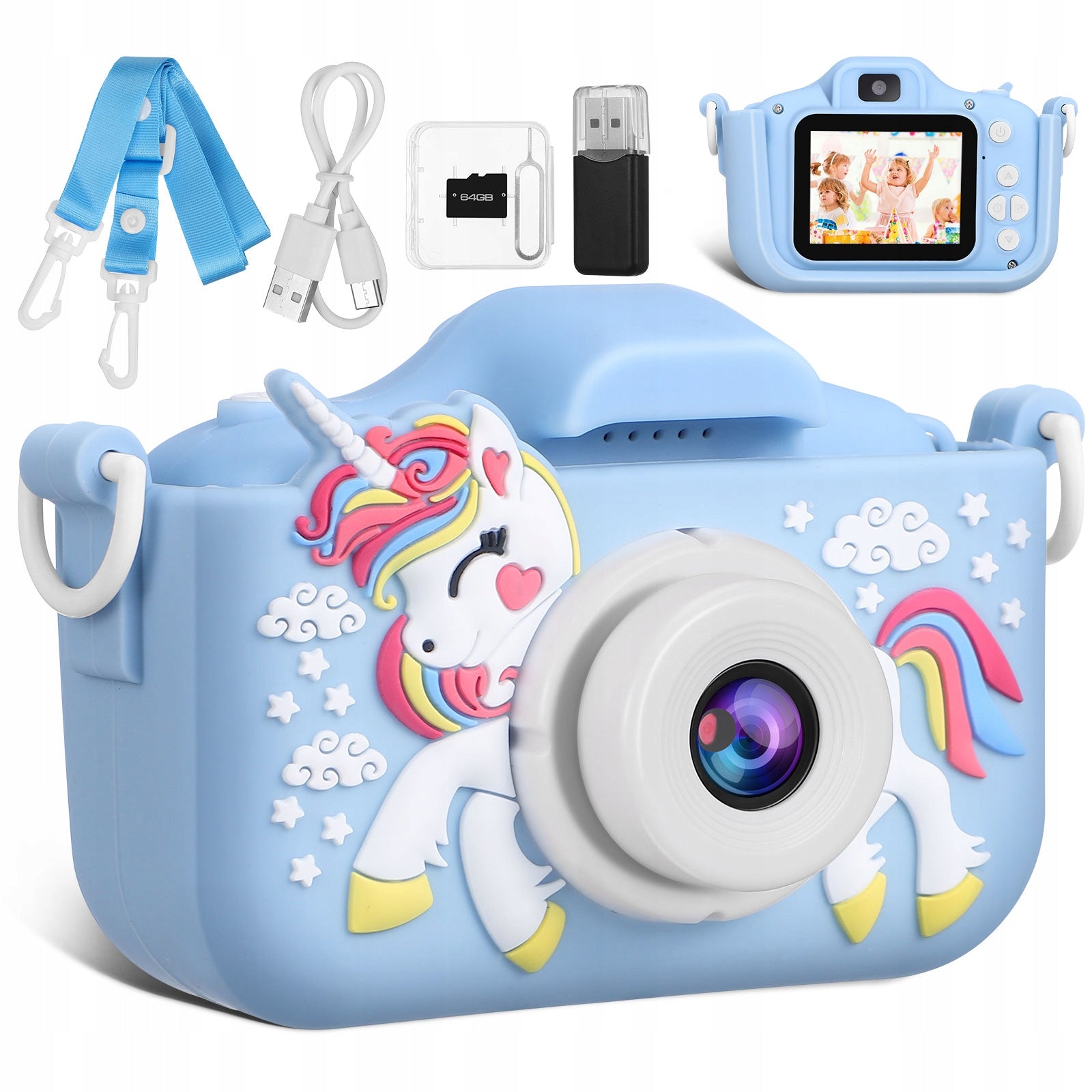 DUAL DIGITAL CAMERA FOR KIDS WITH SELFIE FULL HD UNICORN + CARD