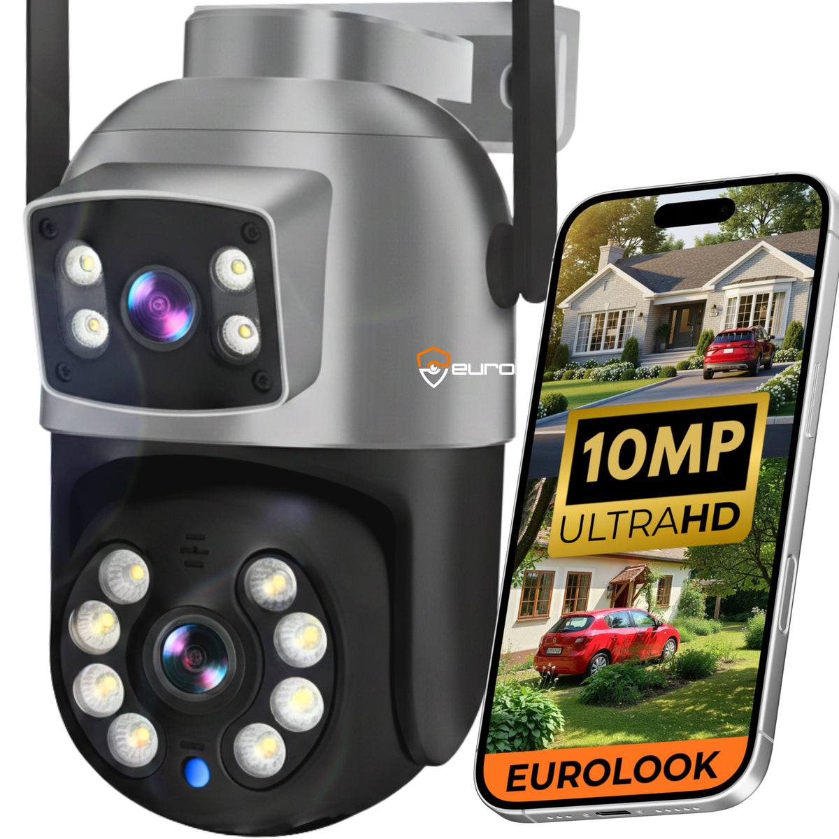 DUAL WIFI IP CAMERA OUTDOOR ROTATING 10MPX MICROPHONE 4K UHD FUNCTIONS