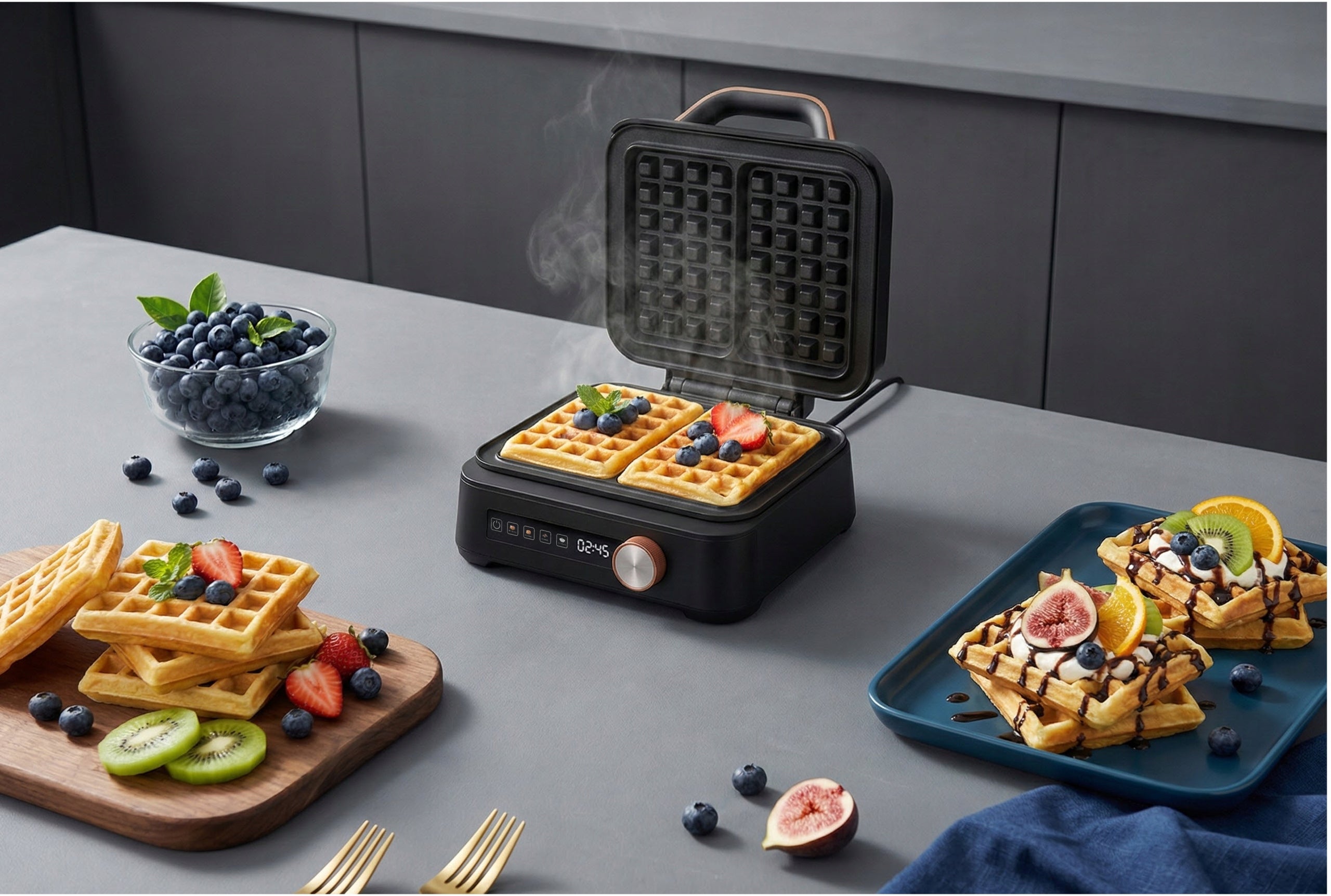 DURLLENTE WAFFLE MAKER 2 LARGE WAFFLES 4 PROGRAMS STRONG TOUCH PANEL COATING Packaging status original
