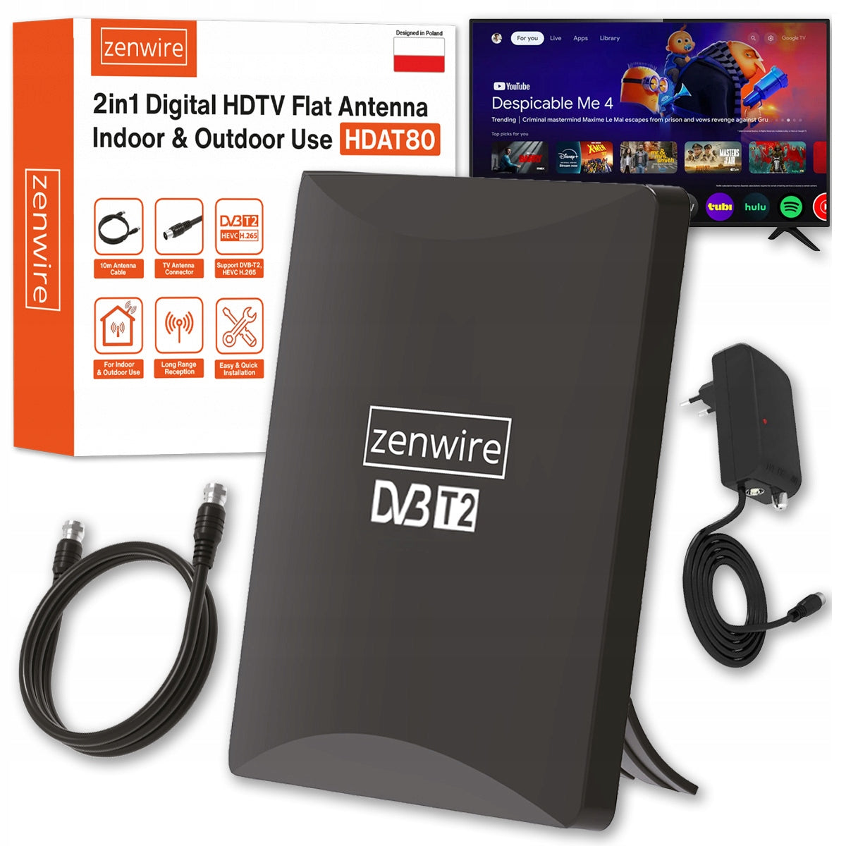 DVB-T2 Terrestrial TV Antenna HEVC 2in1 Outdoor Indoor 4K