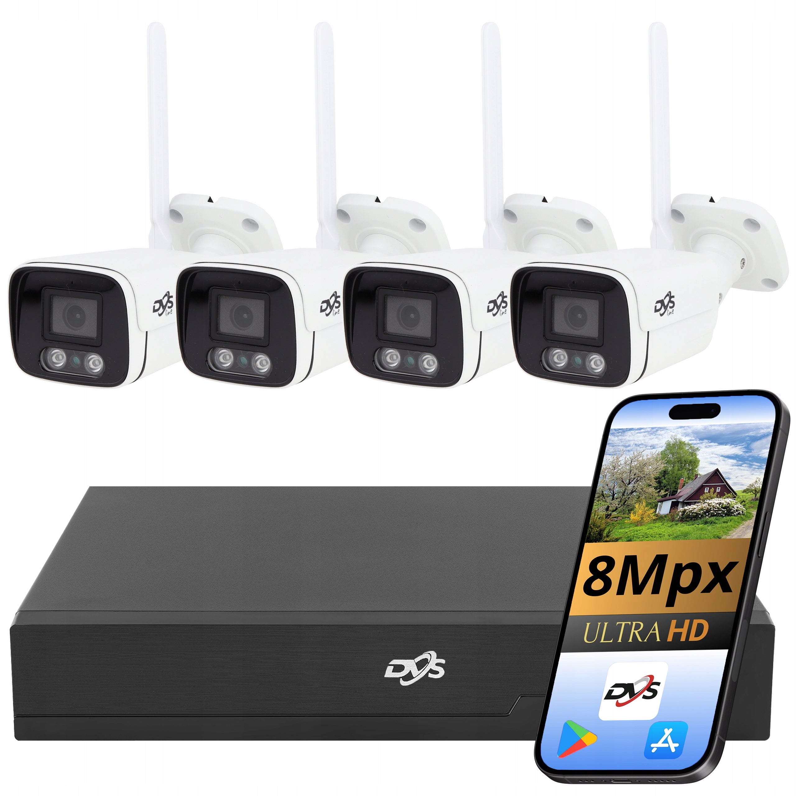 DVS SURVEILLANCE KIT 4 WIFI CAMERAS 8MPX 4K RECORDER FOR 8 CAMERAS PREVIEW