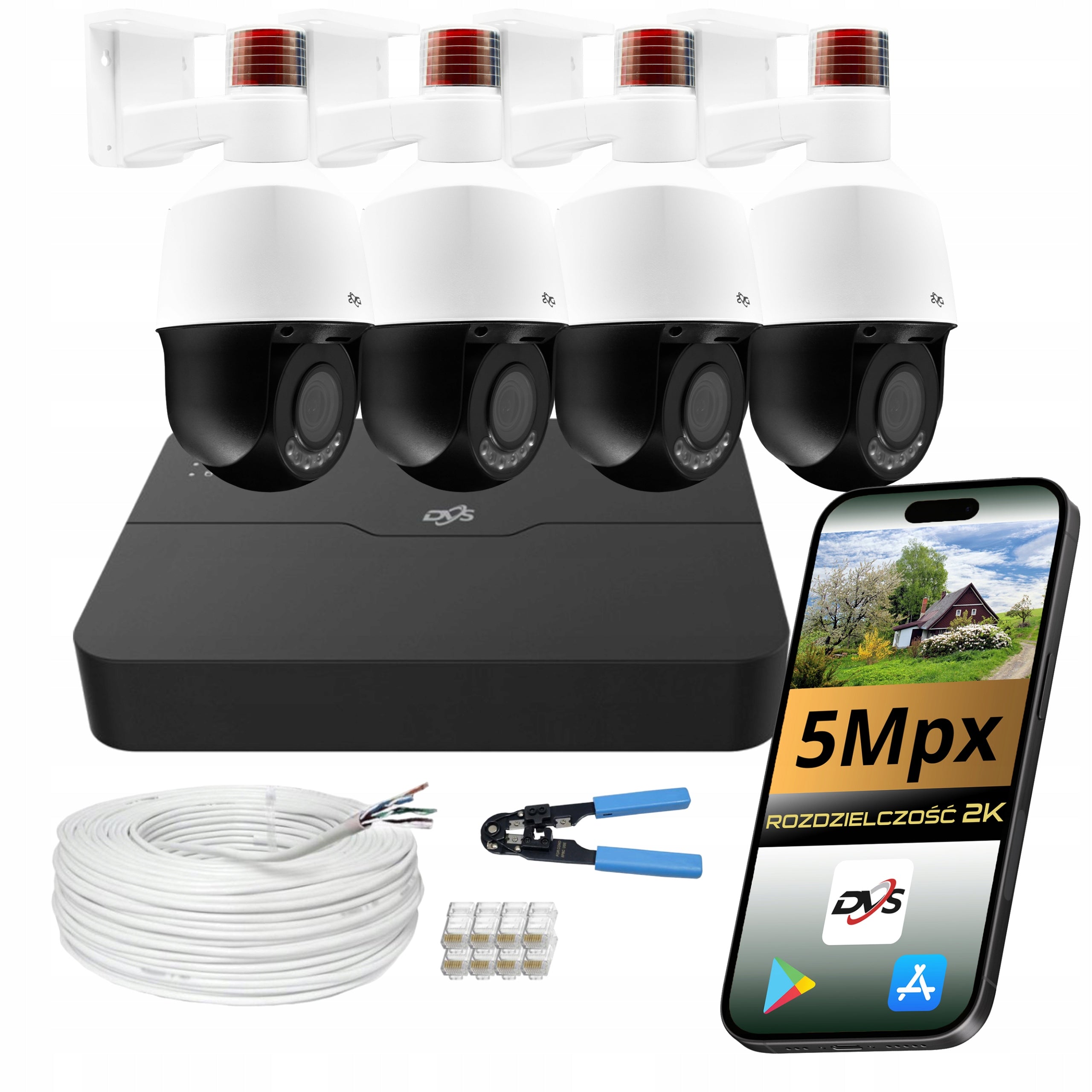 DVS surveillance kit 4 PTZ PoE 5Mpx zoom audio AI cameras