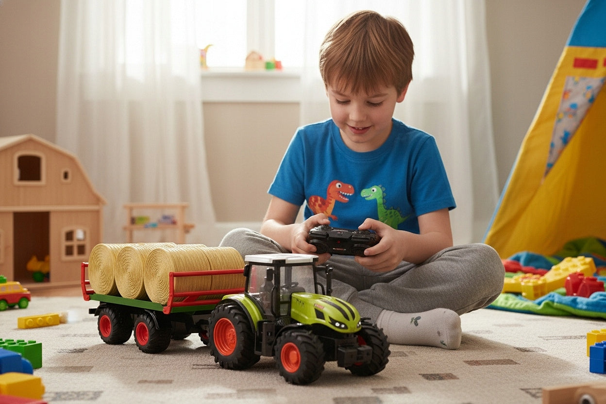 Dálkově ovládaný traktor na dálkové ovládání s přívěsem a balíky slámy Kid's age 3+ years