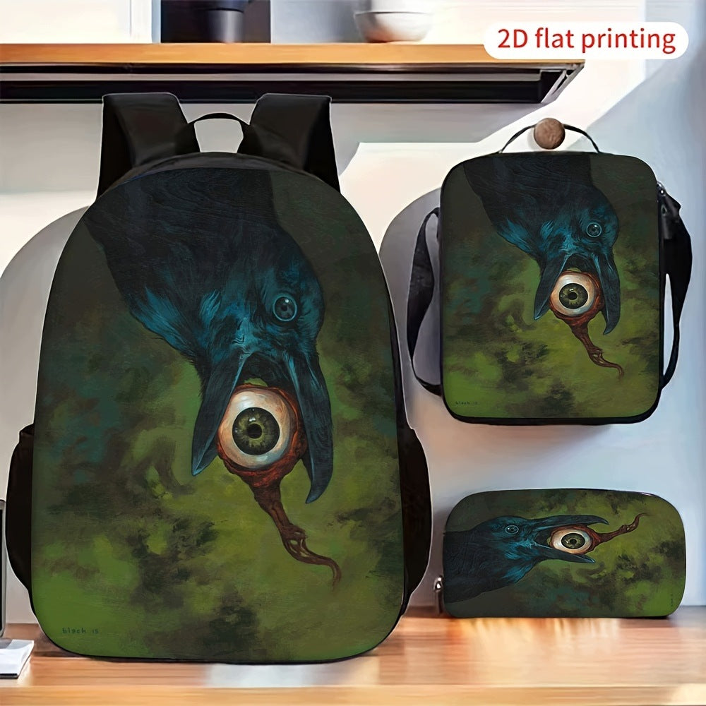 Dark Art Crow Eyeball Pattern 3-Piece Bag Set