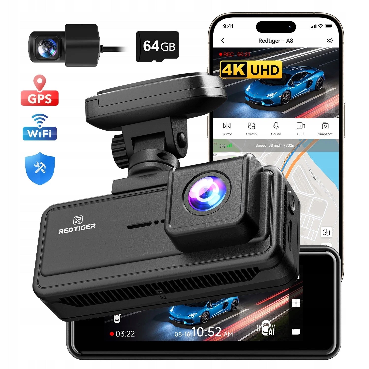 Dashcam 4K REDTIGER A8 ADAS Front Rear Touch Screen WiFi 64GB Night Vision Packaging status original
