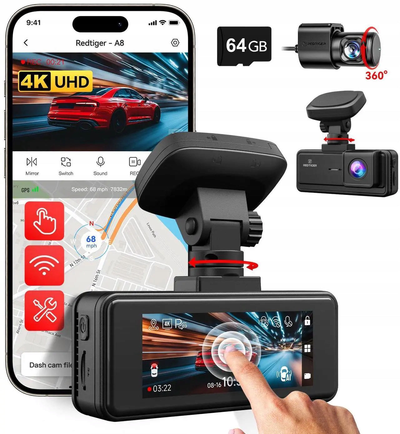Dashcam 4K REDTIGER A8 ADAS Front Rear Touch Screen WiFi 64GB Night Vision