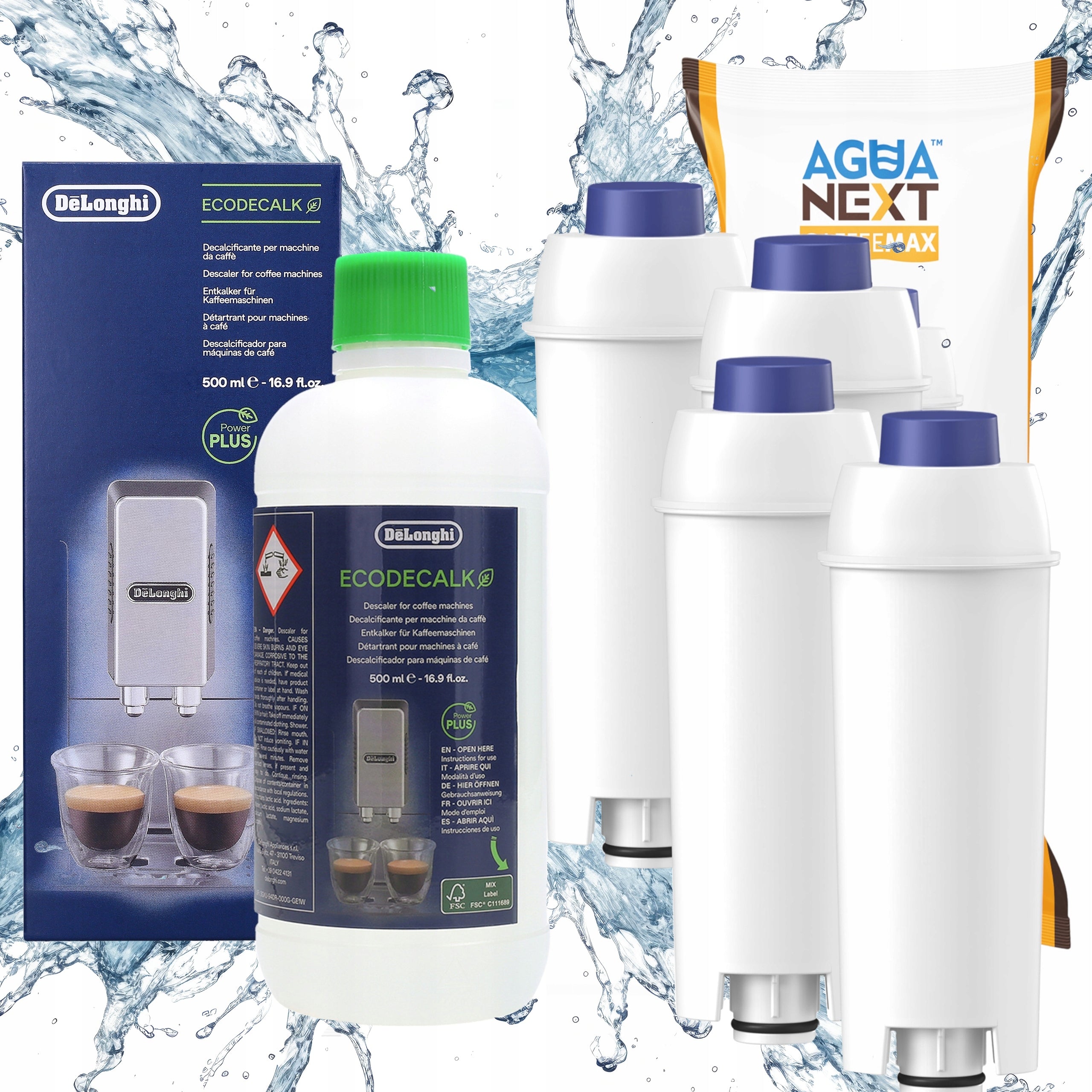 Delonghi Descaler + Agua Next Water Filter for Delonghi Machine 4 Pack