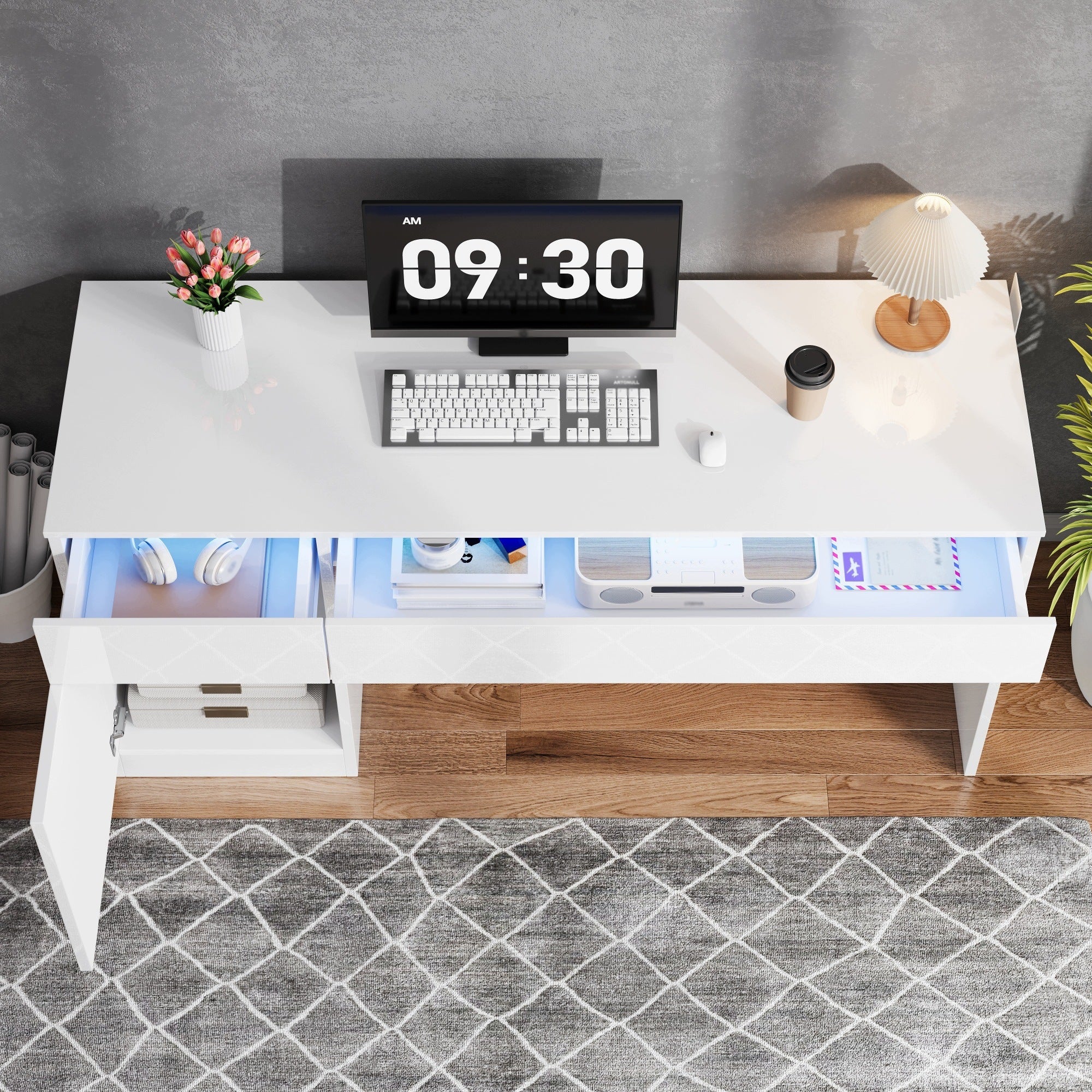 Desk 120 x 50 cm, gloss, with LED lighting and 2 drawers, dressing table