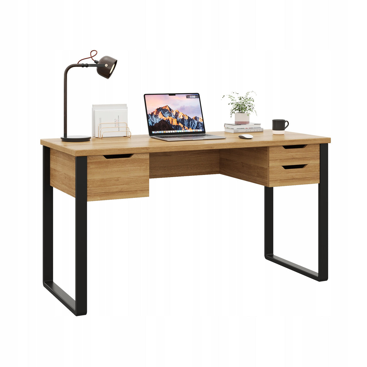 Desk 130 cm wood black 3 drawers metal