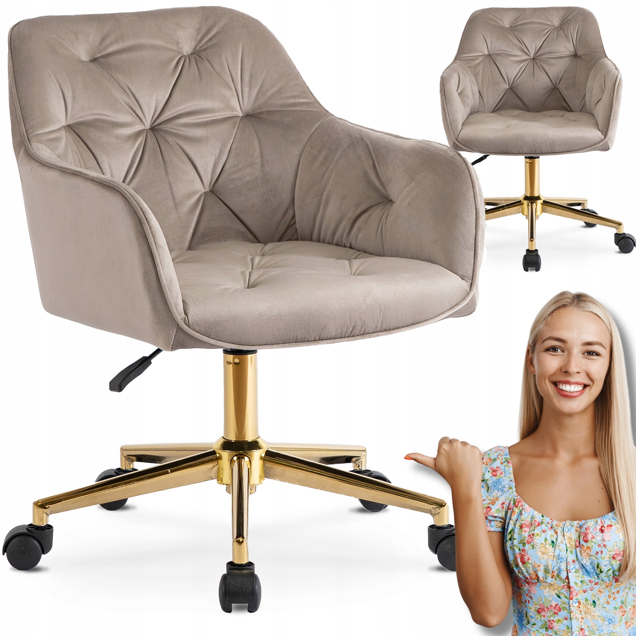 Desk Chair Swivel Velour Office Dressing Table Chair Beige KONOR