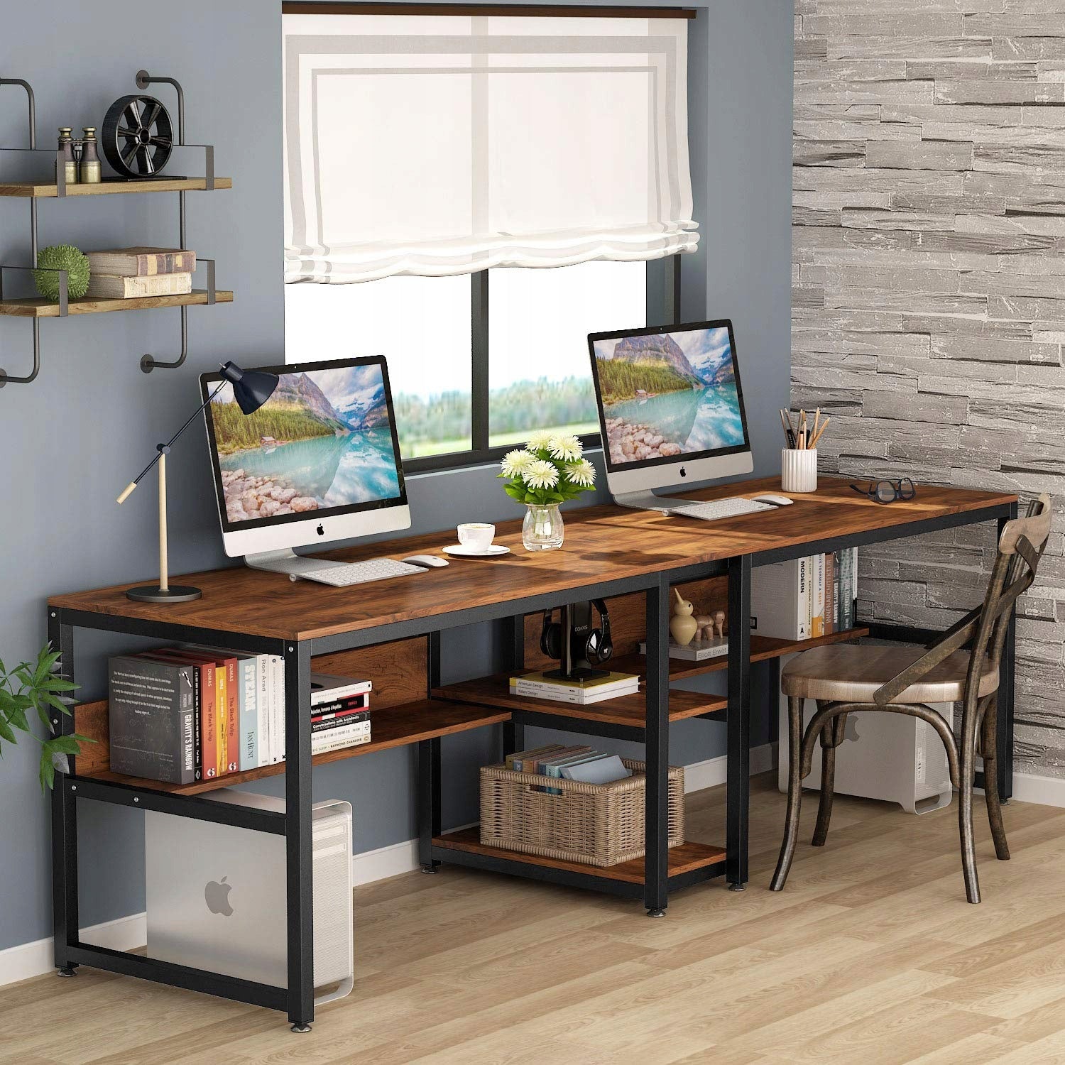 Desk Double Rustic 200cm Wooden Brown/Black - With Bookcases