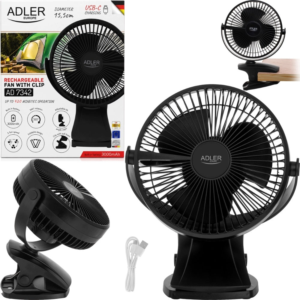Desk Fan Adler Ad 7342 Cordless With Clip Usb-C Black Manufacturer code AD 7342b