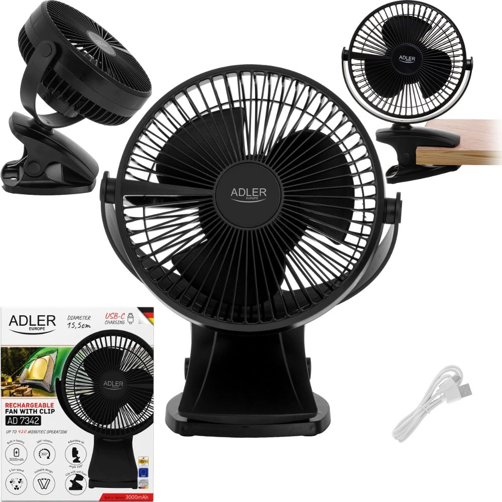 Desk Fan Adler Ad 7342 Cordless With Clip Usb-C Black Packaging status original