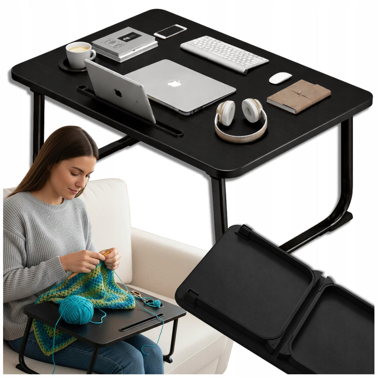 Desk Mobile Computer Laptop Table Tablet Black Folding Small Manufacturer code Biurko Mobilne Na Laptopa Czarne Składane