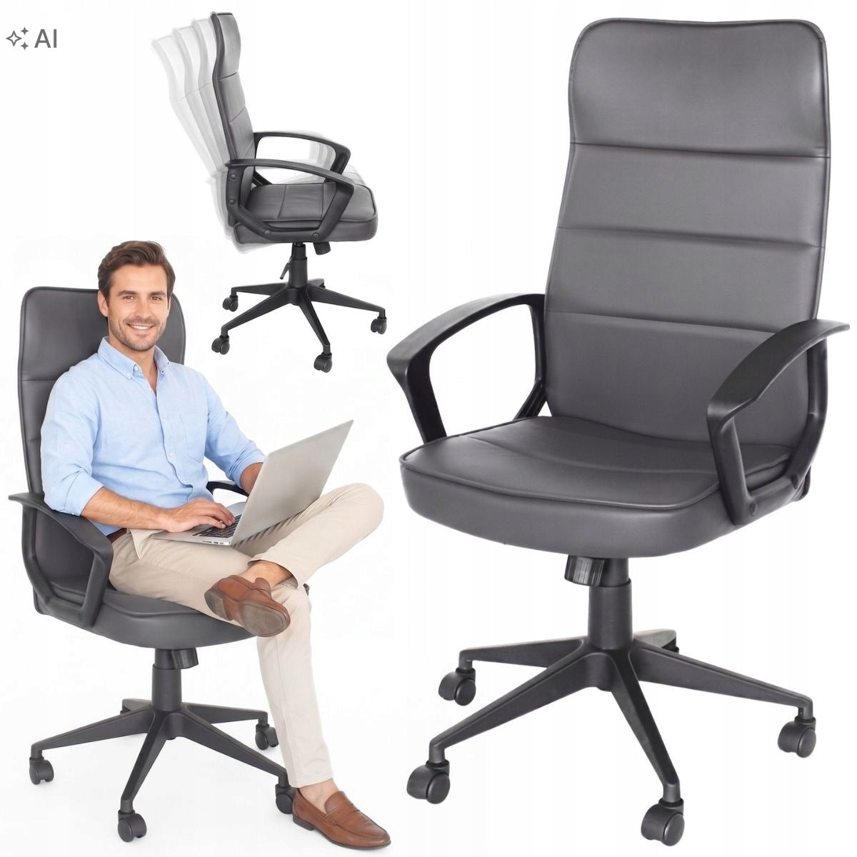 Desk Swivel Office Chair Faux Leather Grey High Back Office L228