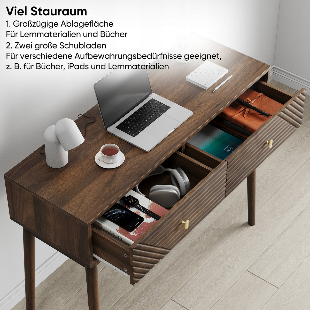Desk, antique reception with open shelves, coffee table, walnut Packaging status original