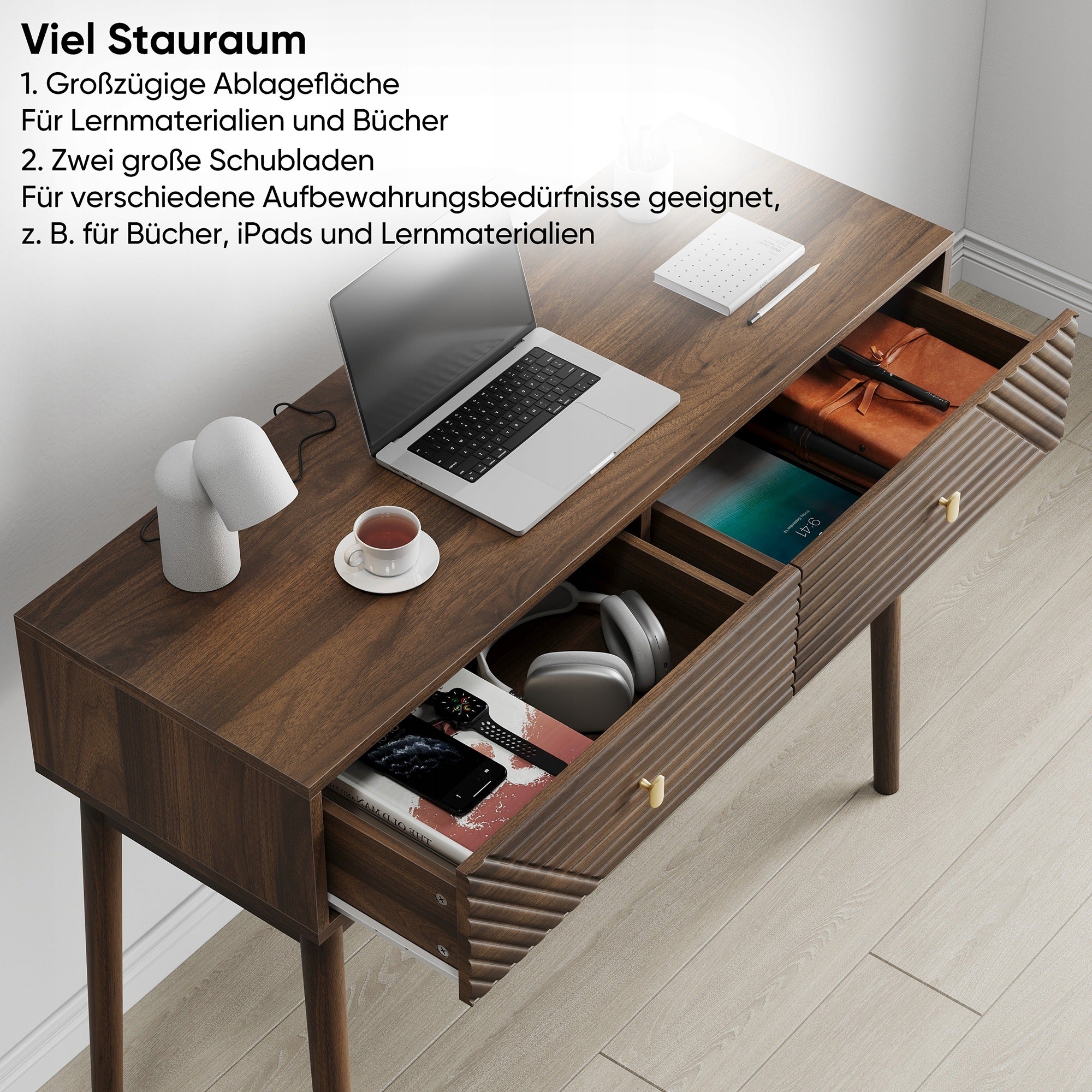 Desk, antique reception with open shelves, coffee table, walnut Packaging status original