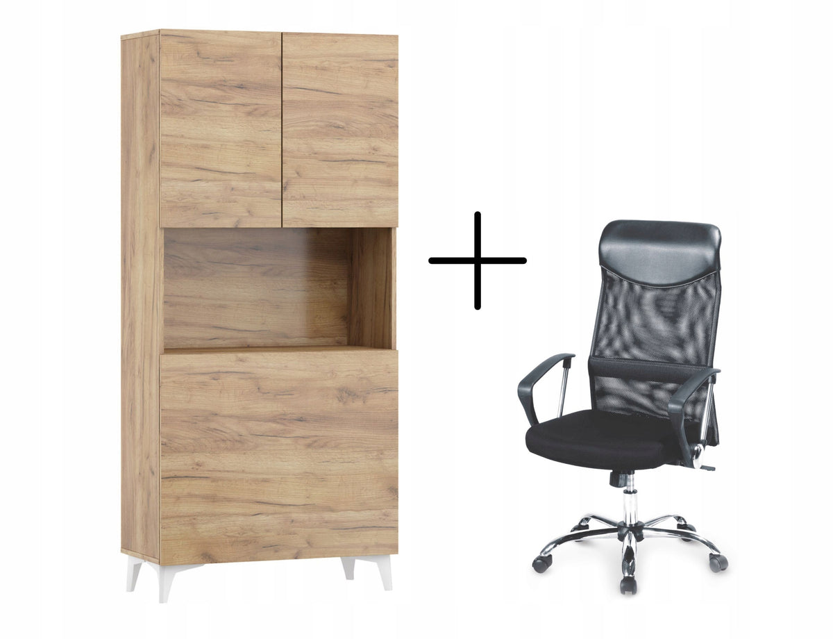 Desk fold-out bookcase MEGAN 1 craft gold + Desk chair VIRE black