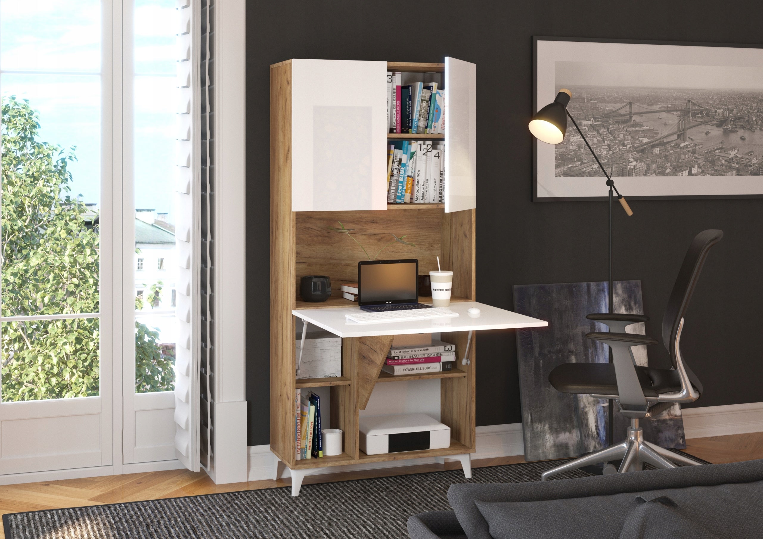 Desk fold-out bookcase MEGAN 1 craft/white + Desk chair VIRE black Manufacturer code 5903769750573
