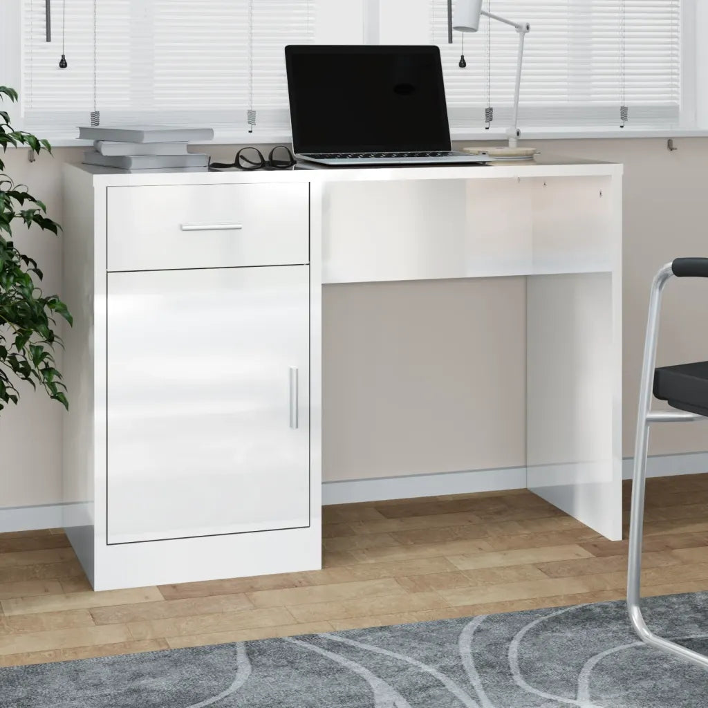 Desk with drawer and cabinet, white with gloss, Furniture color white