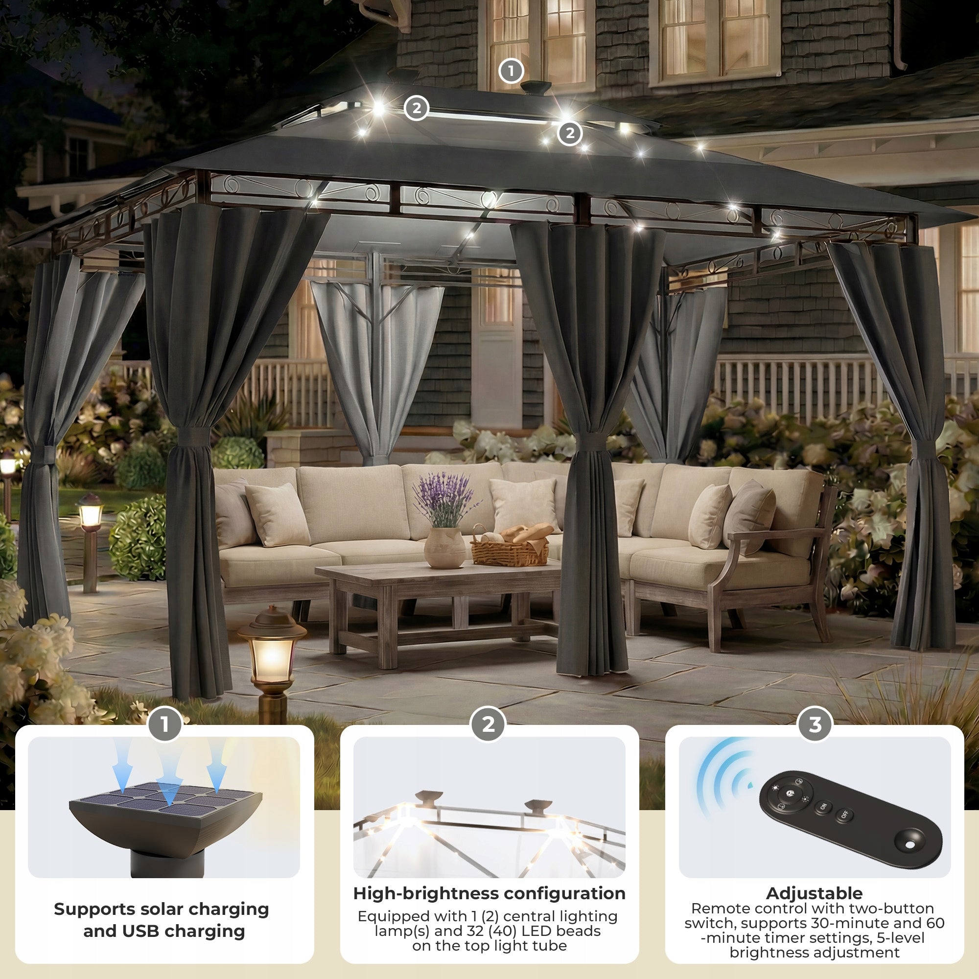 Devoko 3*4m Wodoodporna i stabilna altana ogrodowa z metalową ramą Z LED Manufacturer code G-GZB23-0337A-34DGYL-1,G-GZB23-0337A-34DGYL-2