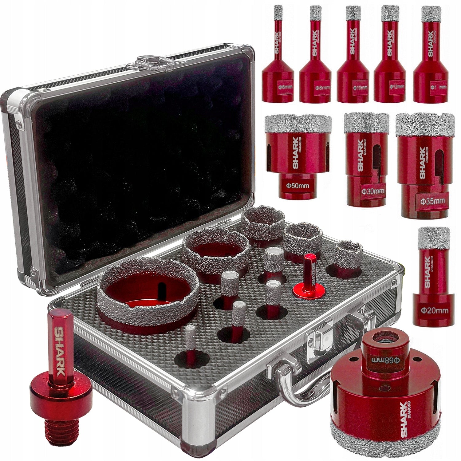 Diamond lace hole saw M14 Shark set of 10 pieces suitcase + adapter