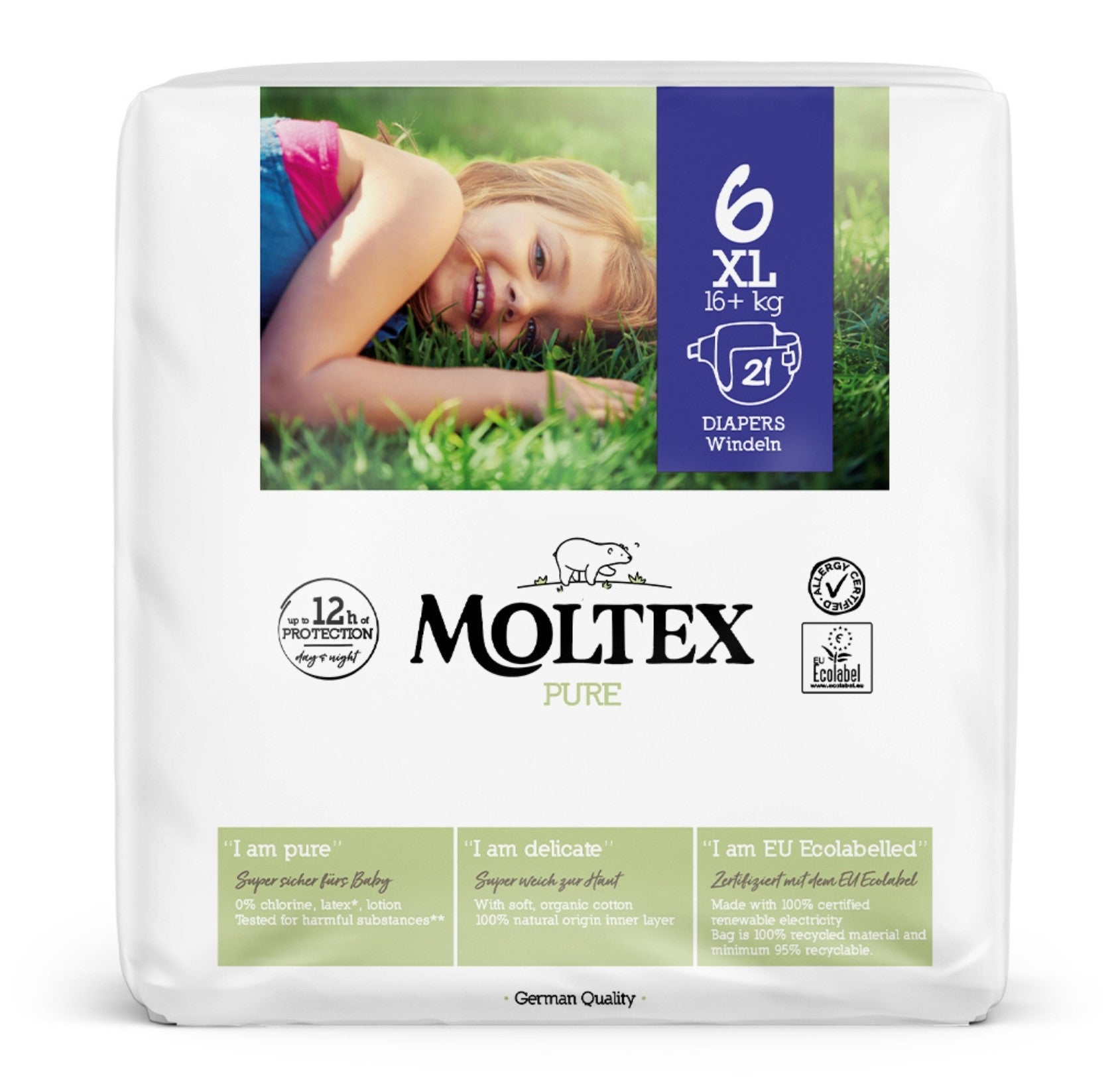 Diapers Moltex Pure XL (over 35 lbs), 21 pcs.