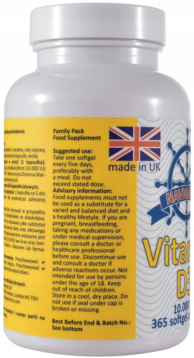 Dietary supplement NAVIGATOR Vitamin D3 365 capsules Manufacturer code 5060667608013
