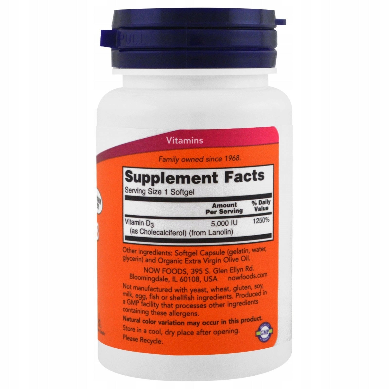 Dietary supplement Now Foods Vitamin D3 5000IU capsules 240 pcs. Manufacturer code 733739003737