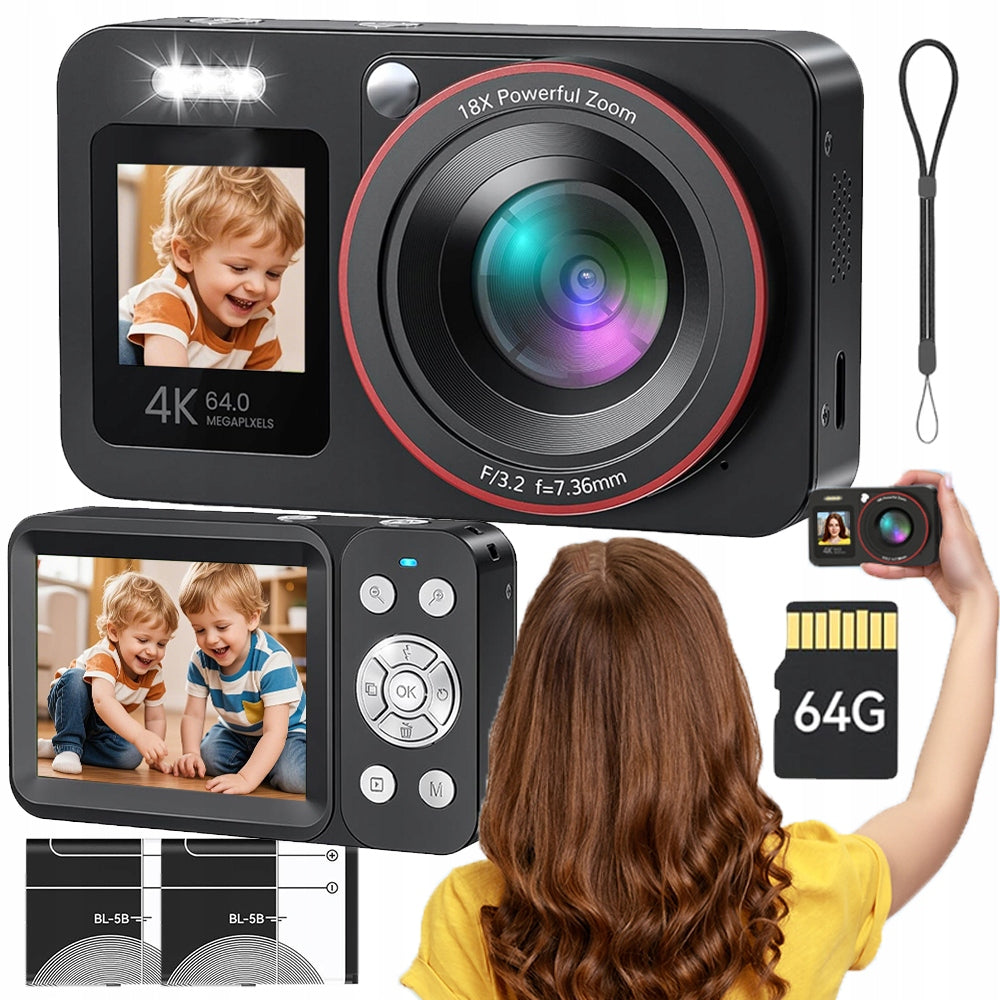 Digital Camera 2.8" 64MP 4K 18x ZOOM SD Card 64GB + 2 Batteries 1200mAh