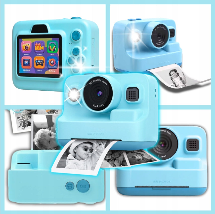 Digital Camera with Printer for Kids Blue + Marker Rolls