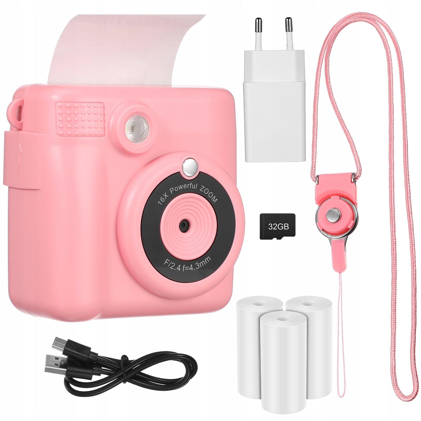 Digital Instant Camera Pink Set 32GB Rear Print 14 Rolls
