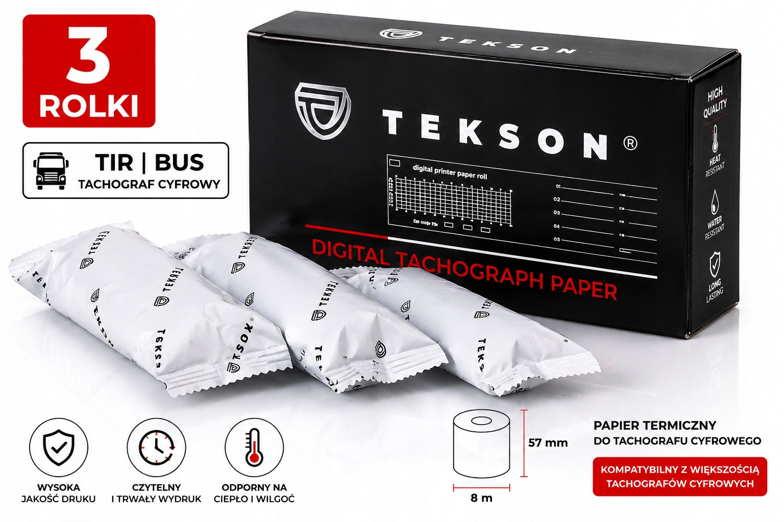 Digital tachograph paper 3 rolls 57x8 Tekson TIR BUS