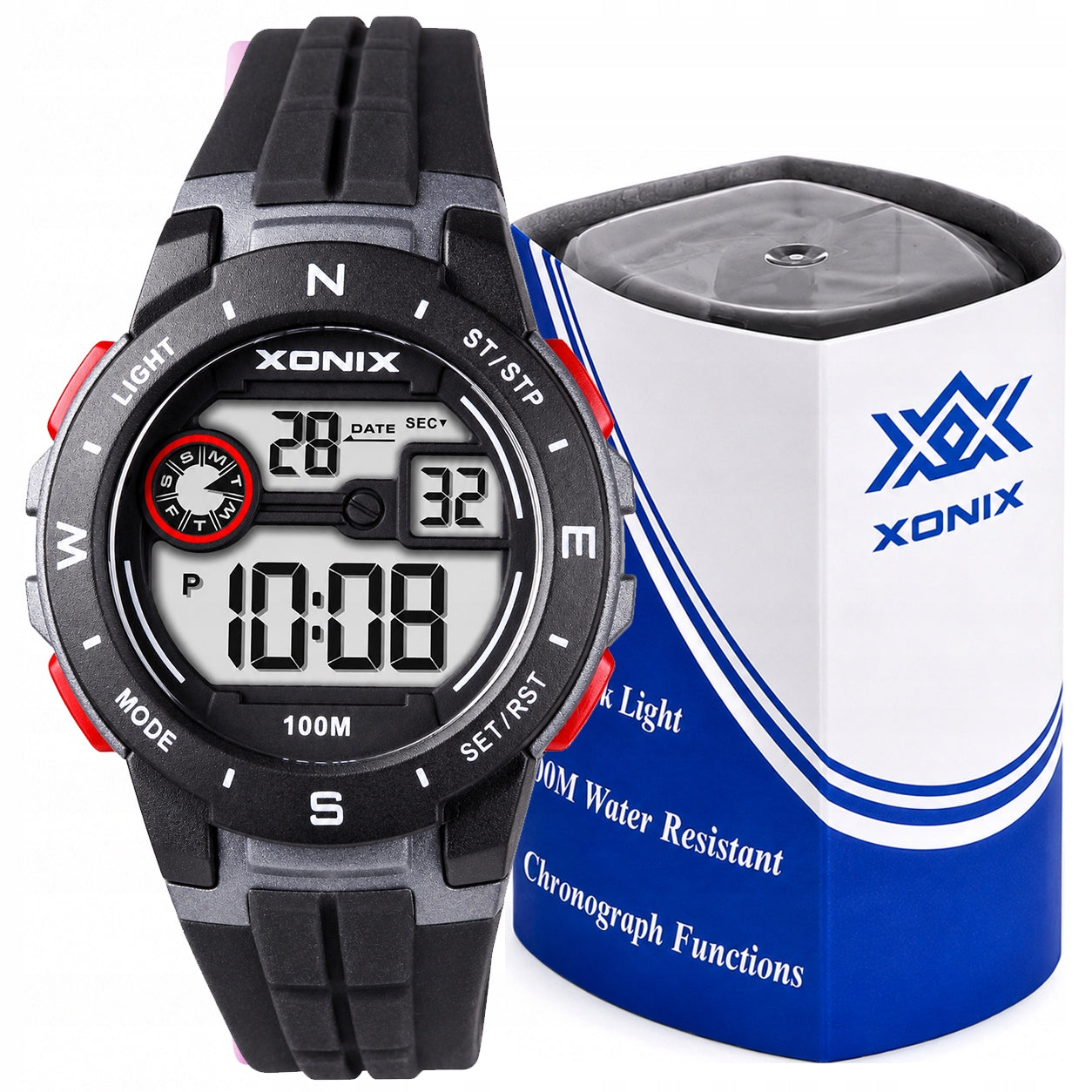 Digital watch XONIX black 10ATM 5 alarms chronograph 12/24 BAR A07