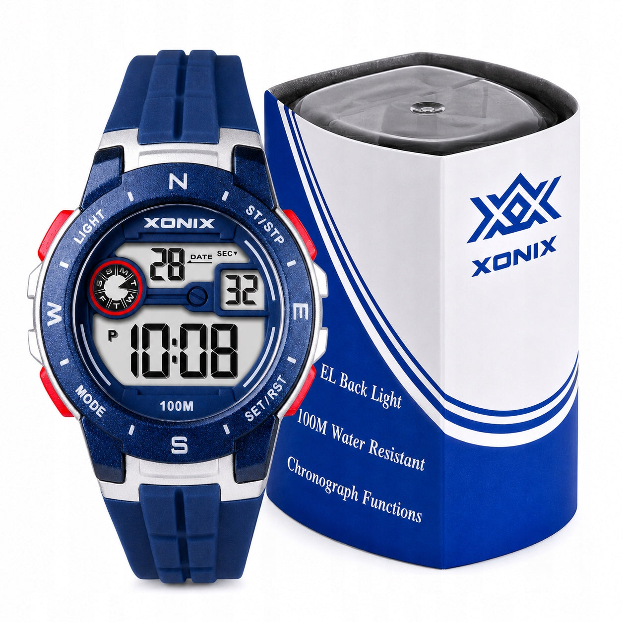 Digital watch XONIX navy blue 10ATM EL 5 alarms timer chronograph 12/24 h