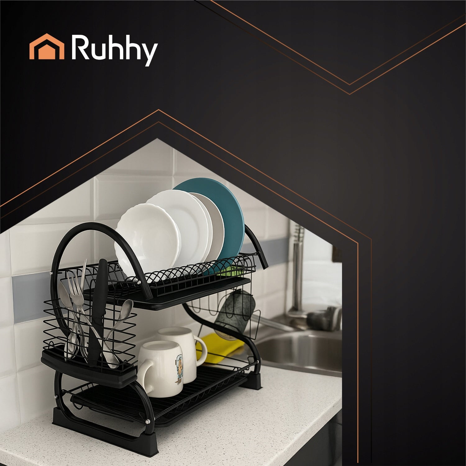Dish Dryer Standing Two-Tier Black Stainless Large + Cutter Packaging status original
