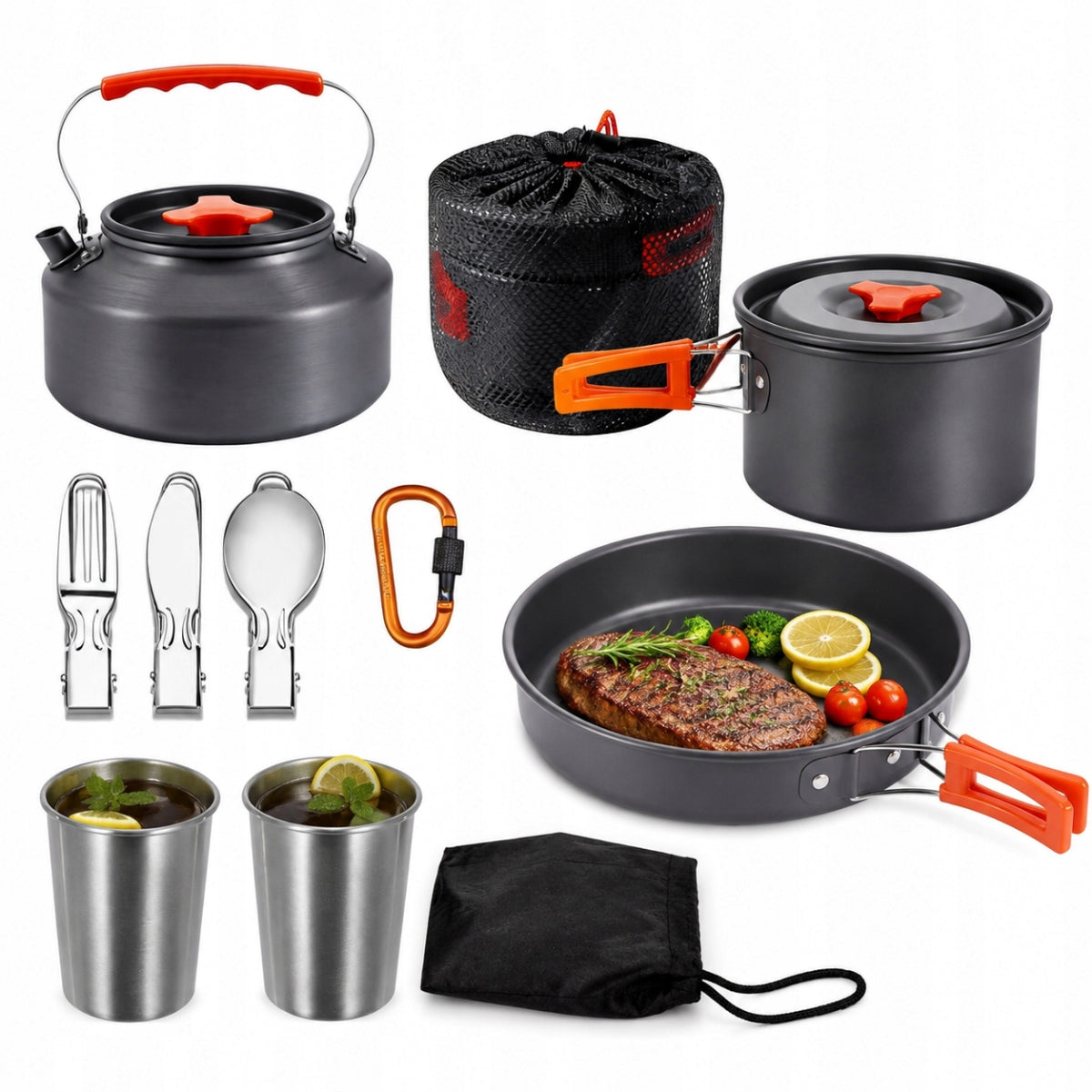 Dishes Pots Tourist Set Kettle Pan Cutlery 2-3 pers.