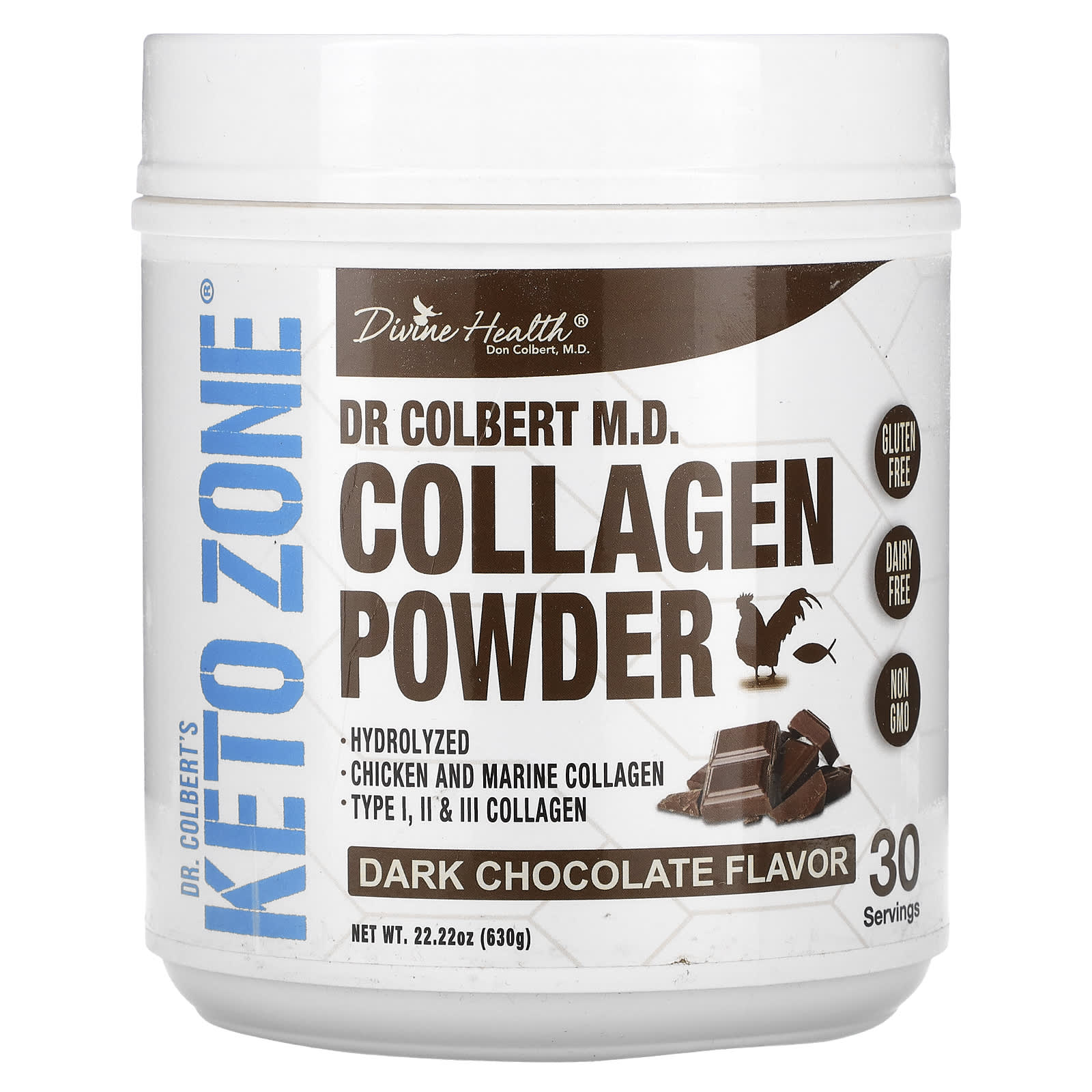 Divine Health, Dr. Colbert's Keto Zone, Collagen Powder, Dark Chocolate