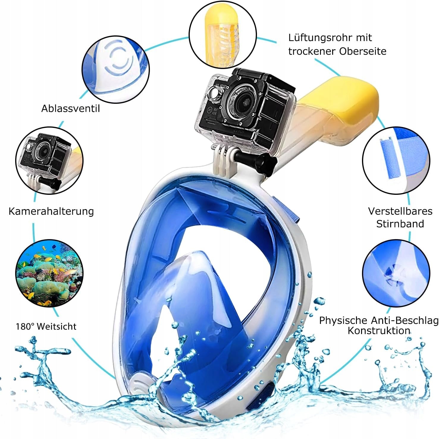 Diving mask full face HINATAA SN01 blue for adults