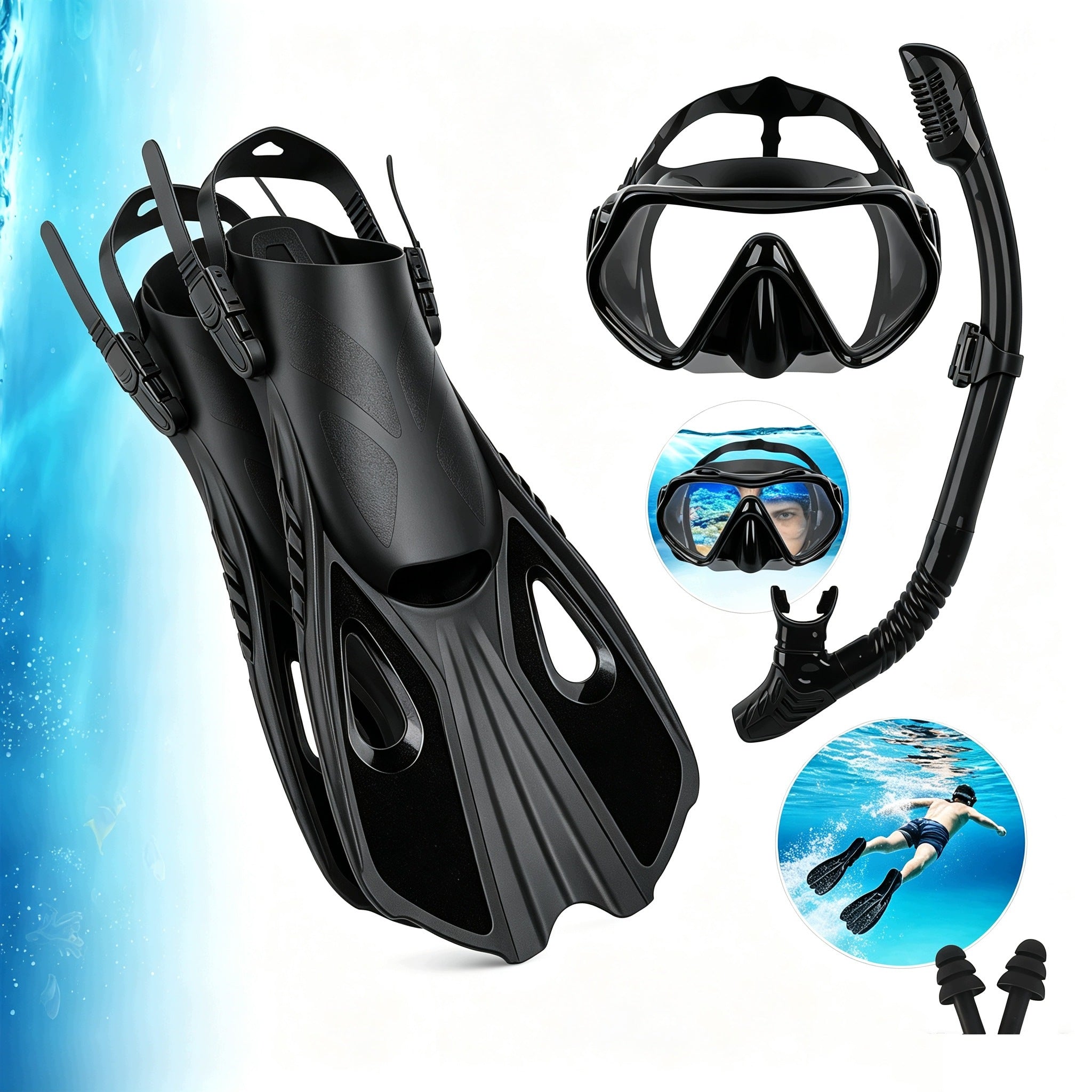 Diving set mask snorkel fins L/XL black