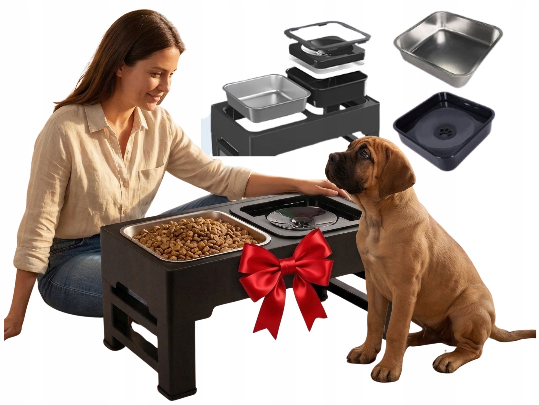 Dog Bowl Set Adjustable Height Double Non-Spill Metal 2in1 Packaging status original